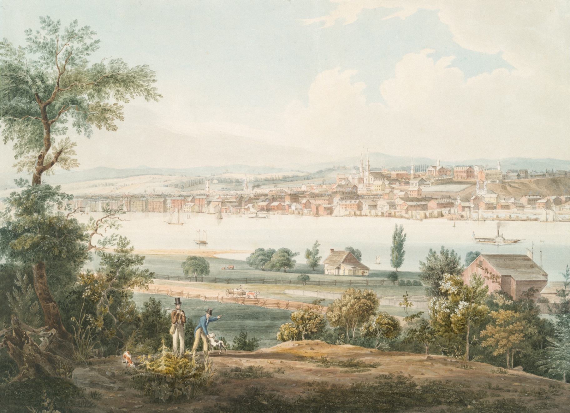 A 19th-century watercolour view across a river toward a town